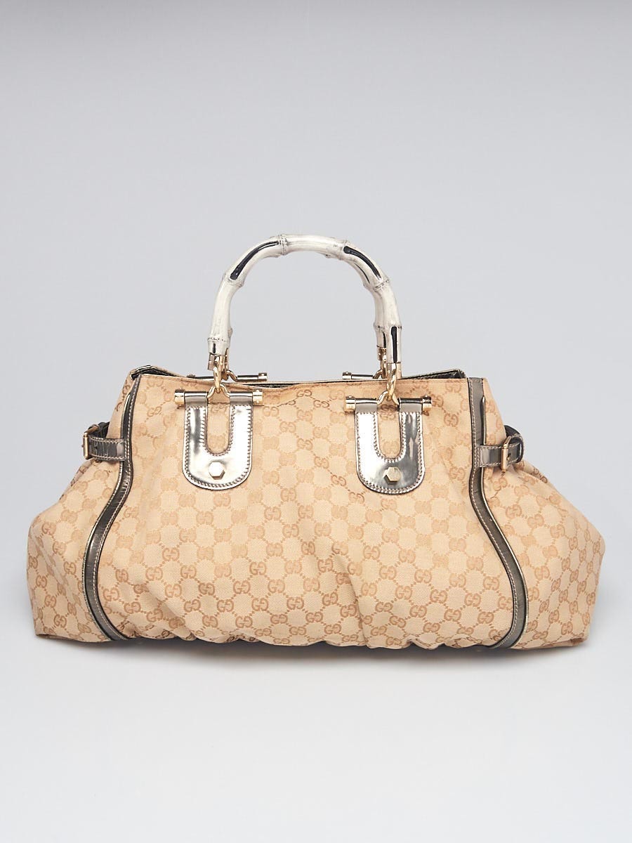 Gucci Beige/Silver GG Canvas and Leather Bamboo Pop Large Satchel