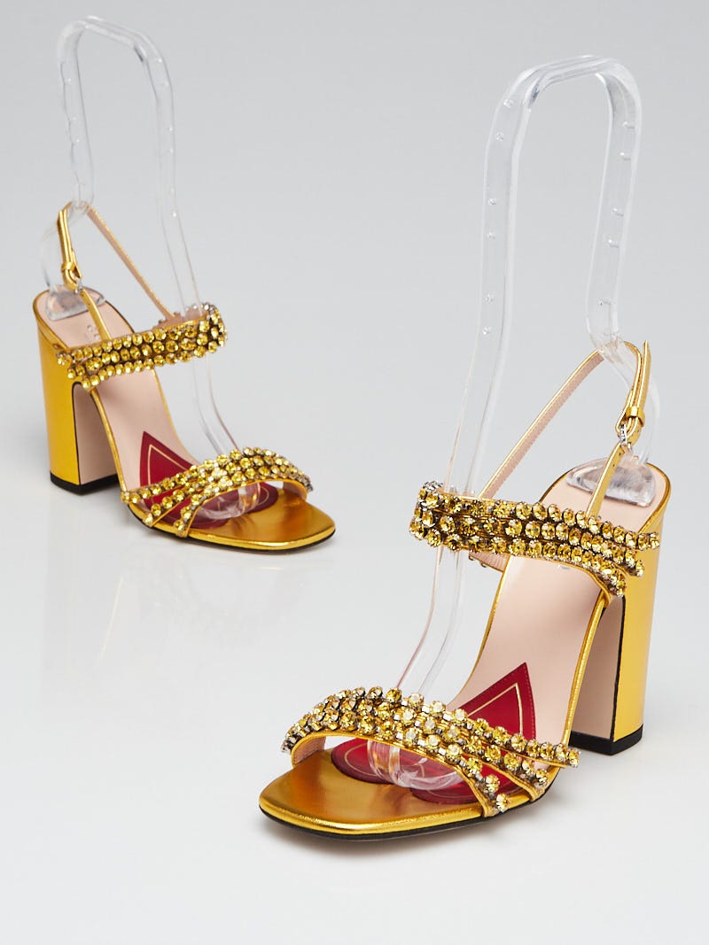 Gucci Gold Leather and Crystal Embellished Block Heel Sandals Size 5/ -  Yoogi's Closet