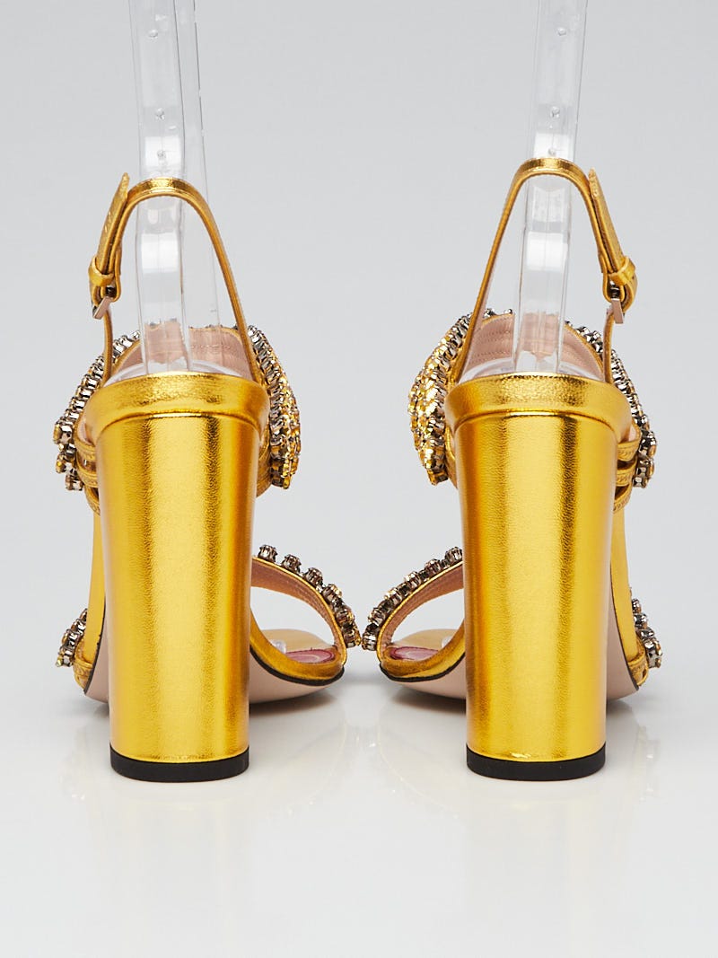 Gucci Gold Leather and Crystal Embellished Block Heel