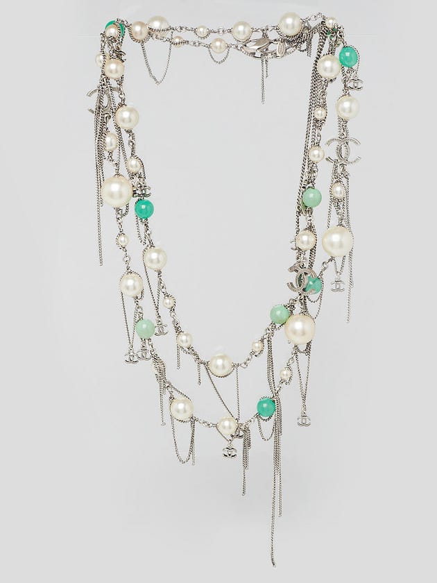 Chanel Silvertone Chain and Faux Pearl CC Long Necklace