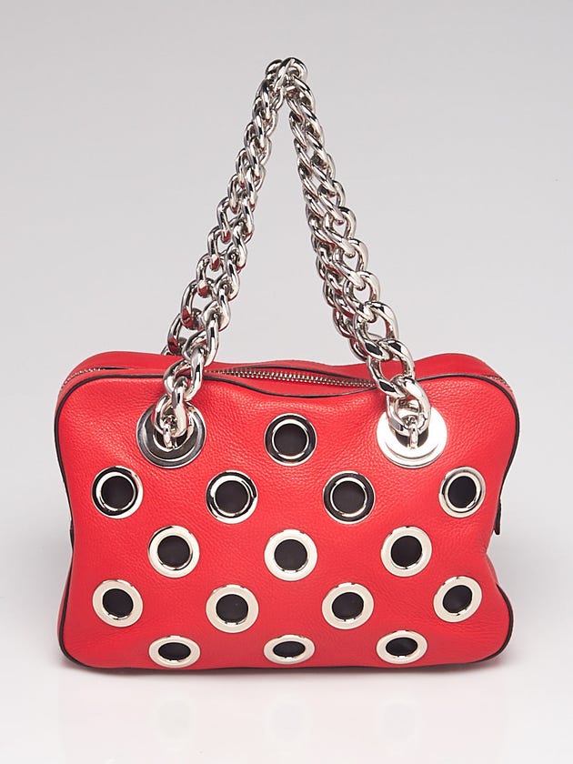 Prada Lacca Red Vitello Daino Leather Grommet Shoulder Bag 1BB017