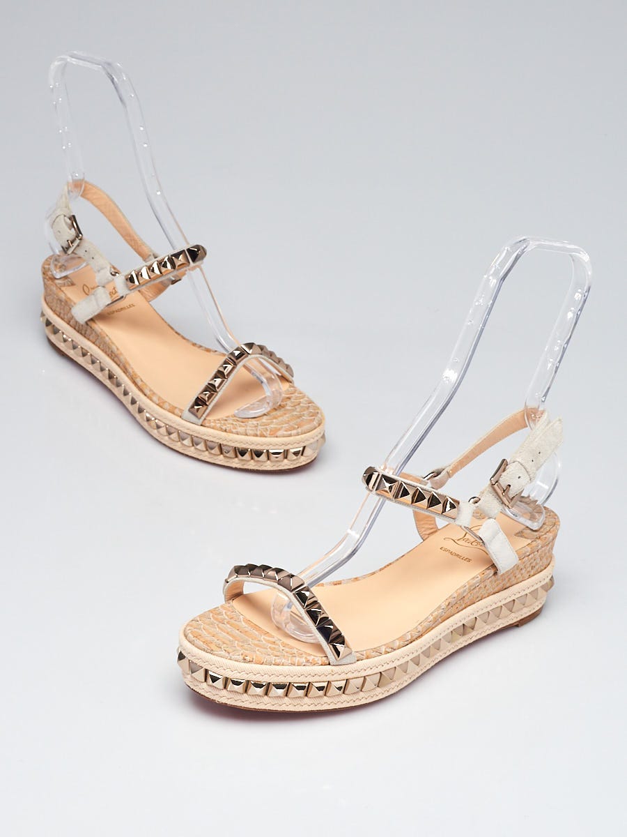 Christian Louboutin Beige Suede and Embossed Snakes Pira Ryad Studded Flatform 60 Espadrille Sandals Size 10.5/41