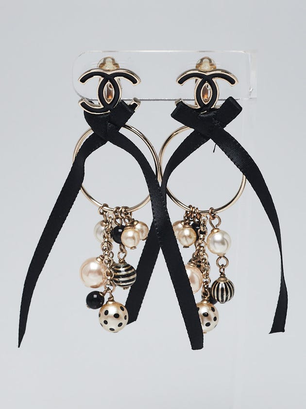 Chanel Silvertone Metal Crystal/Pearl/Ribbon CC Hoop Clip-On Earrings