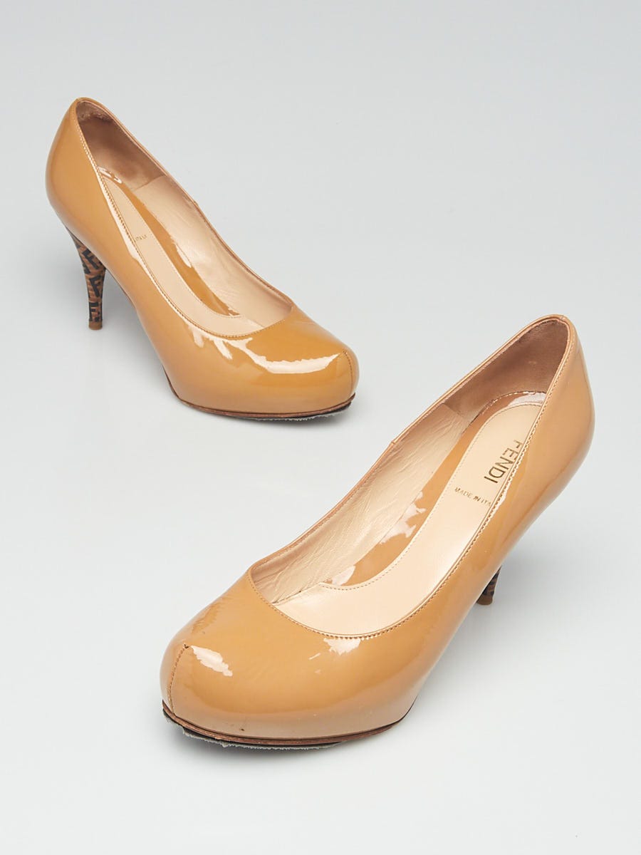 Fendi Beige Patent Leather Monogram Stacked  Heels Size 7/37.5