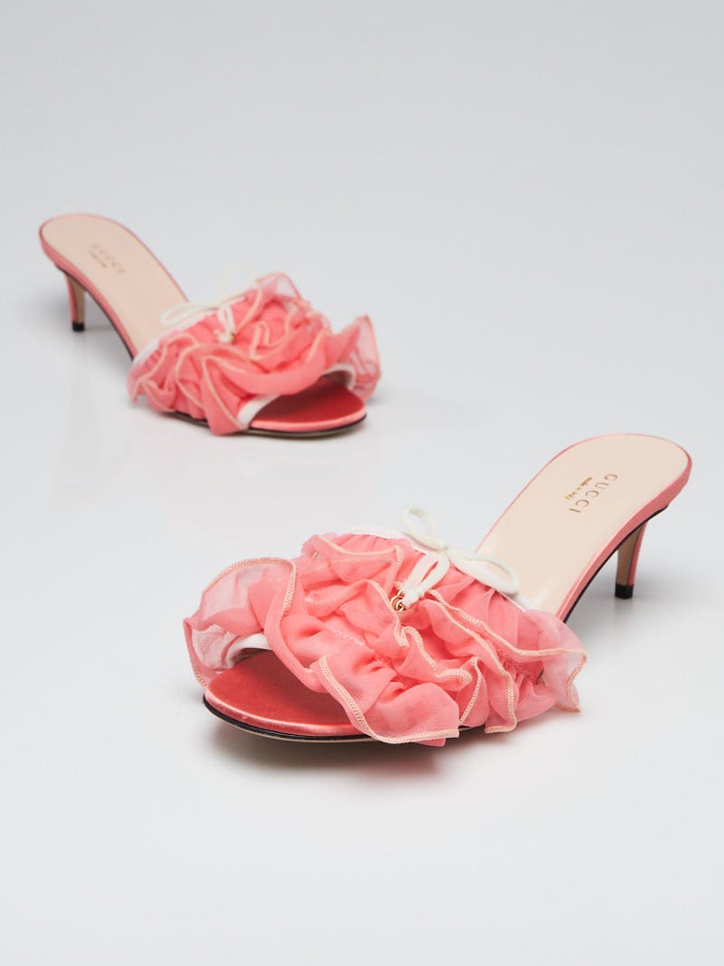 Gucci Pink Tulle Ruffle Open Toe Mules Size 7.5/38