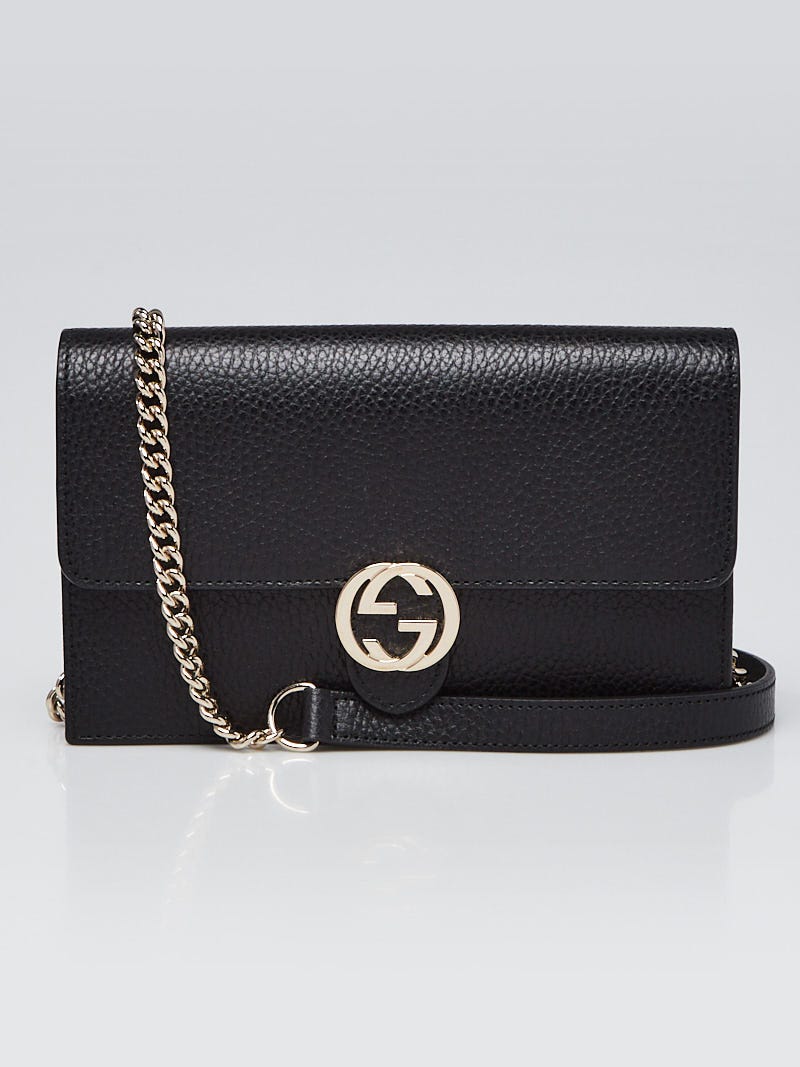 Gucci Black Pebbled Leather Interlocking G Wallet on Chain Clutch Bag
