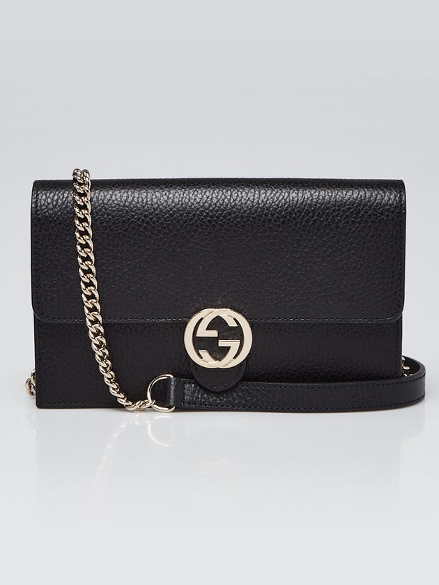 Gucci Black Pebbled Leather Interlocking G Wallet on Chain Clutch Bag