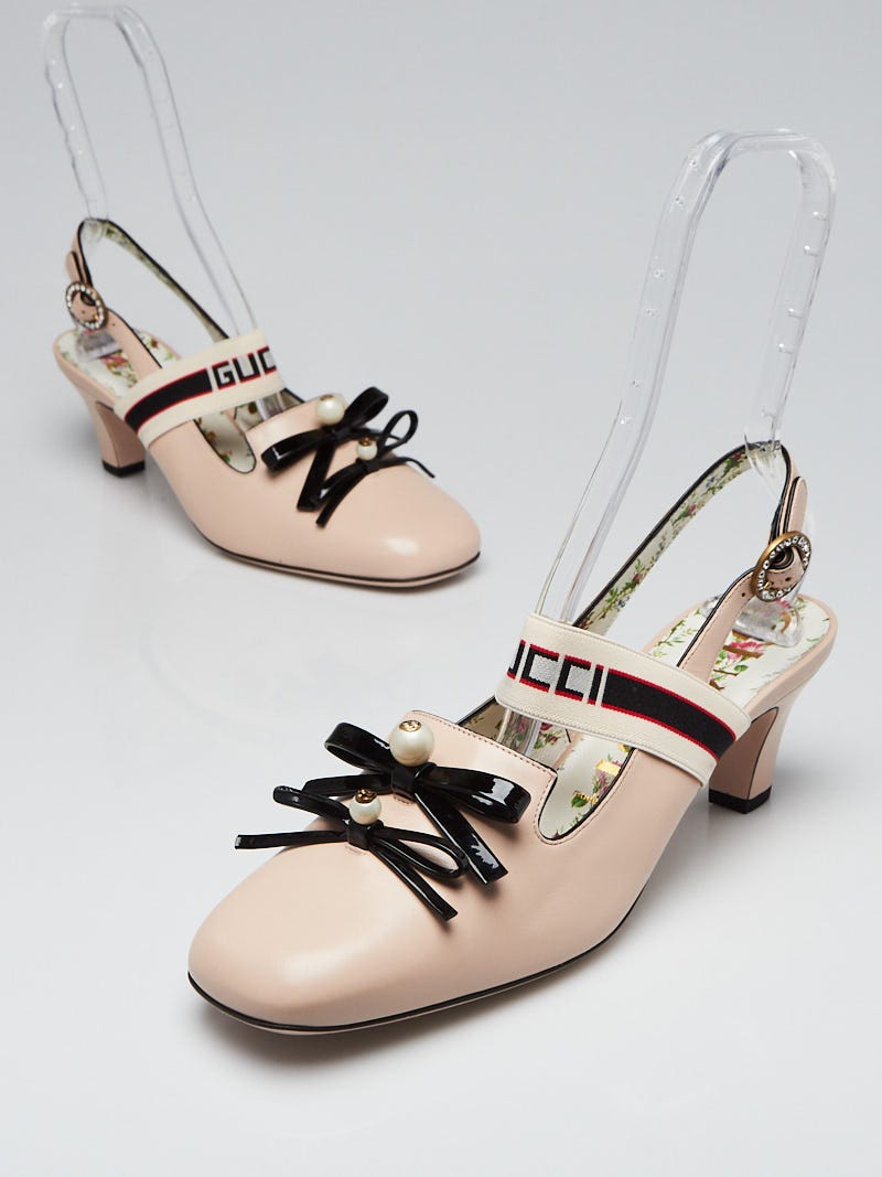 Gucci Beige Leather Ace Stripe Slingback Mid Heel Pumps Size 10.5/41