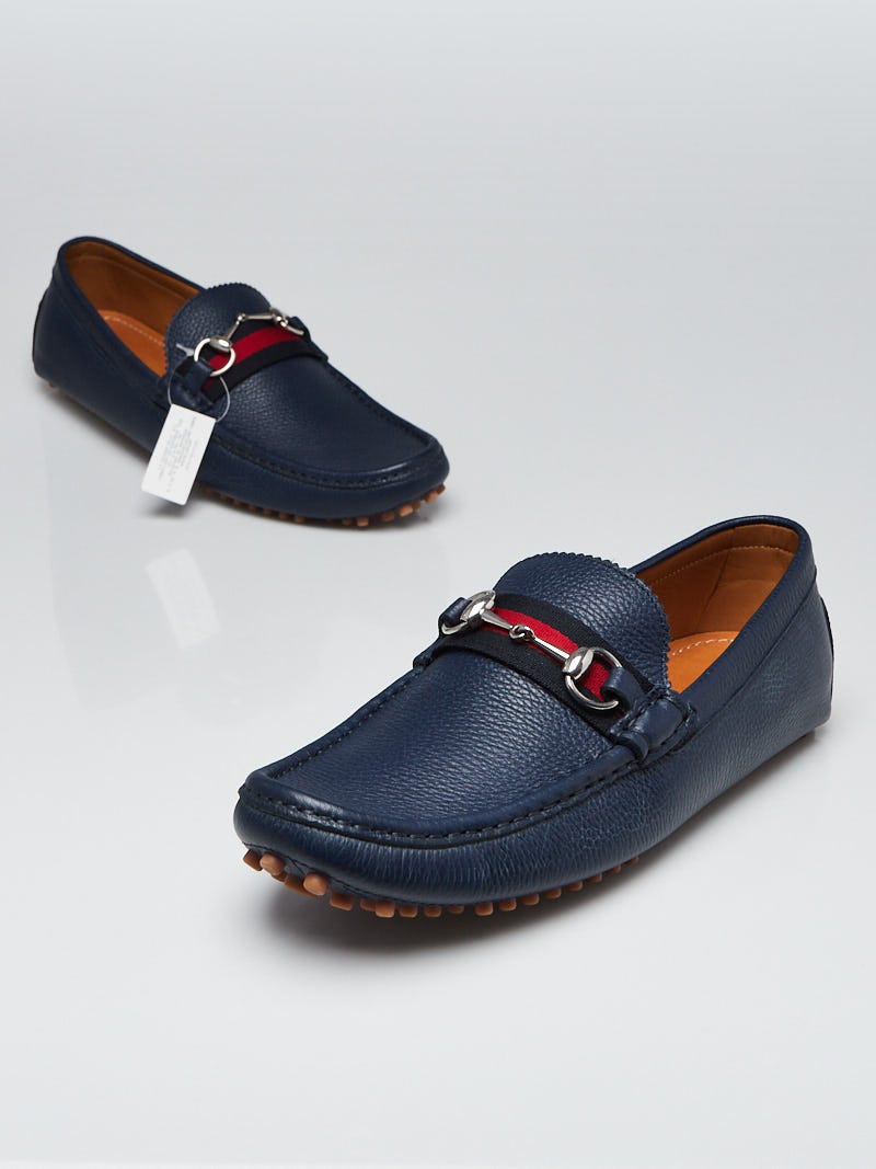 Gucci Navy Pebbled Leather Horsebit Kanye Driving Loafers Men's Size 11/44  - Yoogi's Closet