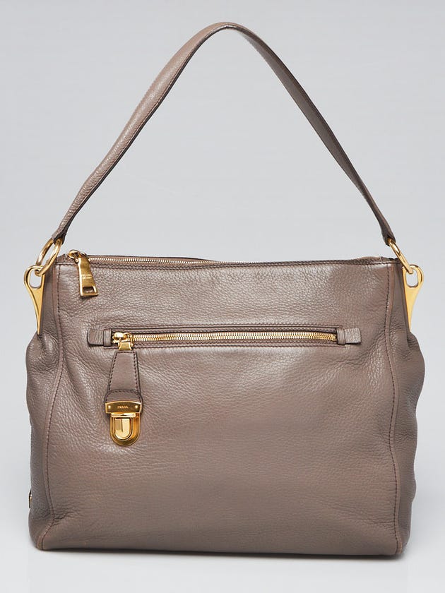 Prada Grey Pebbled Leather Zip Hobo Bag