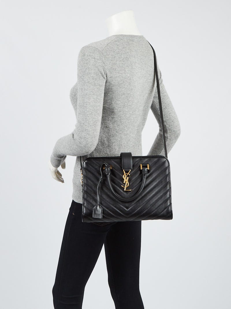 YSL Yves Saint Laurent monogram cabas matelasse chevron black tote bag purse