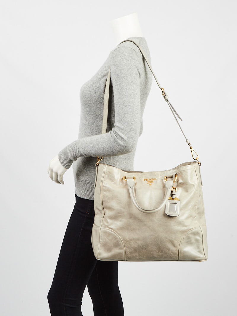 Prada Light Grey Vitello Shine Leather Shopping Tote Bag BN2533