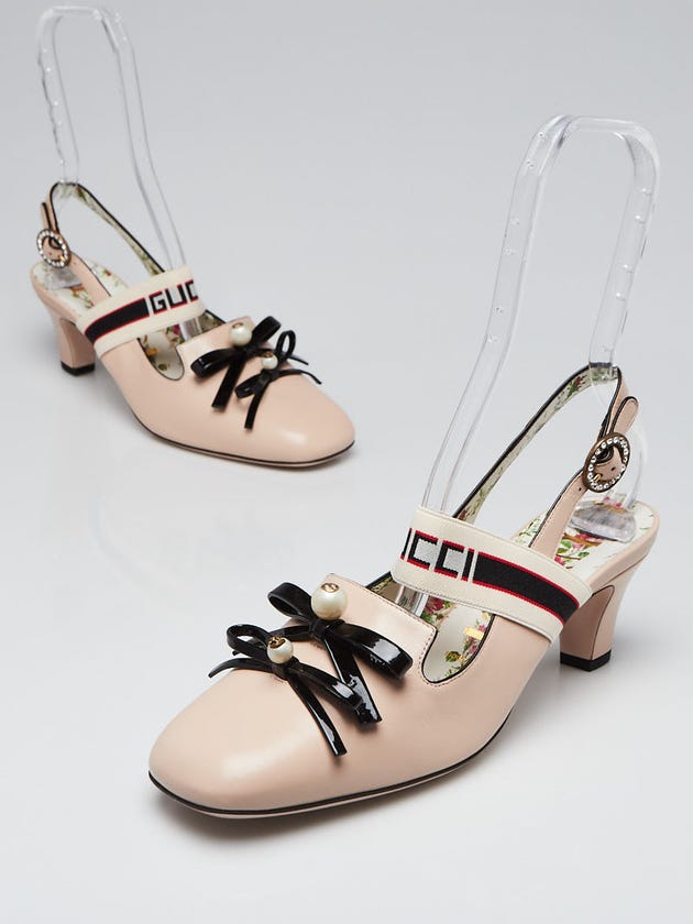 Gucci Beige Leather Ace Stripe Slingback Mid Heel Pumps Size 9/39.5