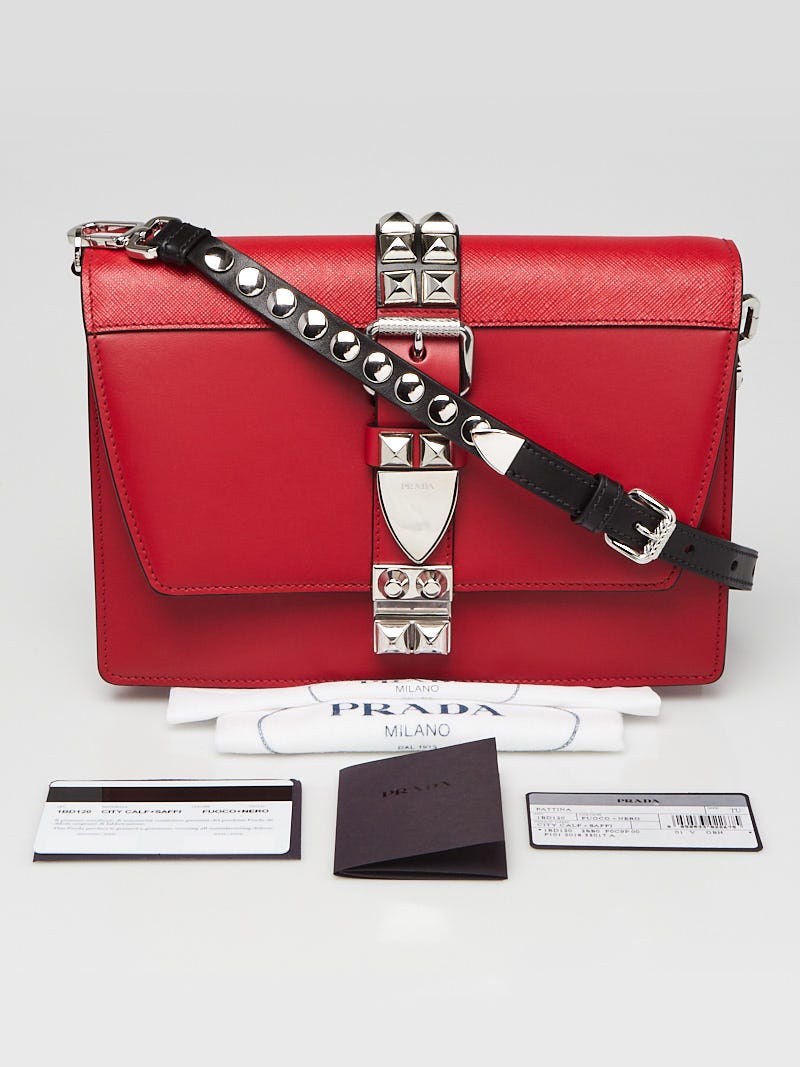 Prada Red City Calf and Saffiano Leather Studded Elektra Crossbody Bag  1BD120 - Yoogi's Closet