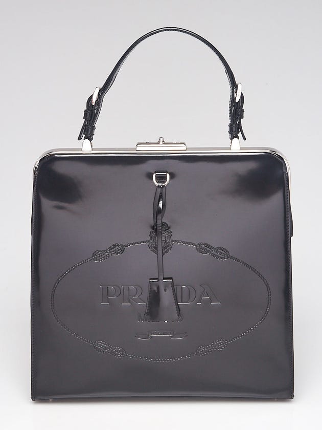Prada Black Spazzolato Logo Print Glossed Leather Frame Top Bag BN1102