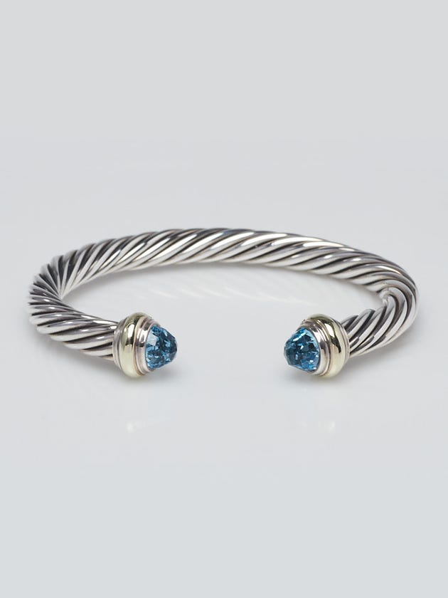 David Yurman 7mm Sterling Silver and 14K Gold Blue Topaz Cable Bracelet