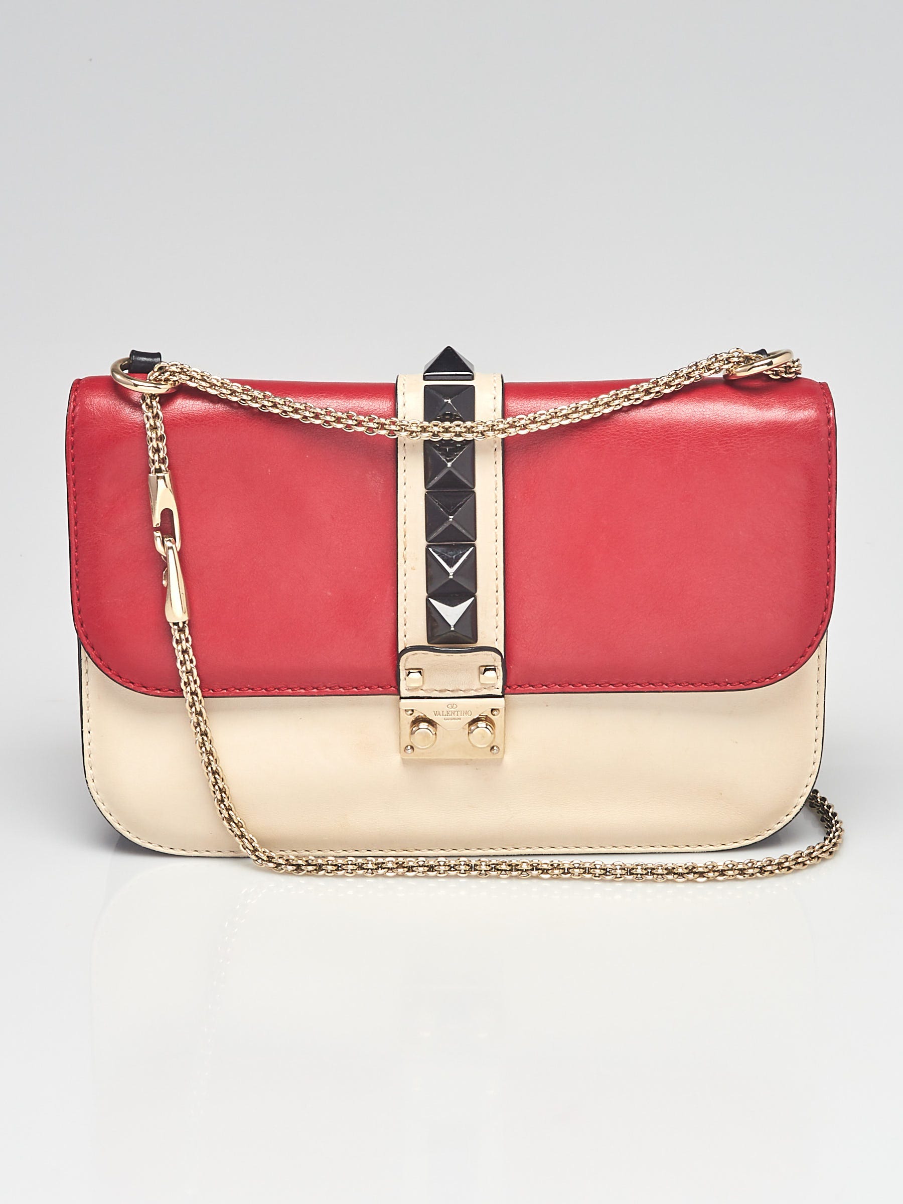 Valentino Red Leather Medium Rockstud Glam Lock Flap Bag