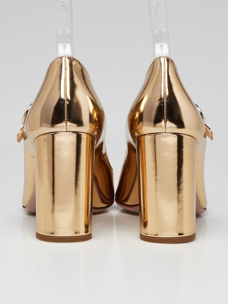 Prada Gold Metallic Leather Mary Jane Pumps Size 6.5/37 | Yoogi's