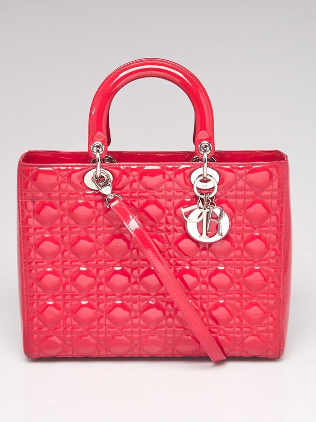 Christian Dior Dark Pink Cannage Quilted Patent Leather Large Lady Dior Bag