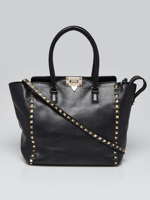 Valentino Black Smooth Calfskin Leather Rockstud Medium Double Handle Bag