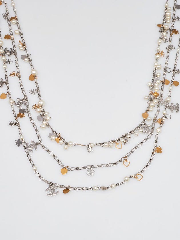 Chanel Silver/Goldtone Metal Faux Pearl Three Strand Layered Charm Necklace