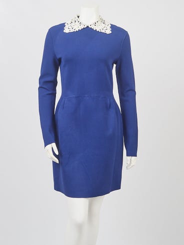 Valentino Blue Polyester/Lace Peter Pan Collar Dress Size L