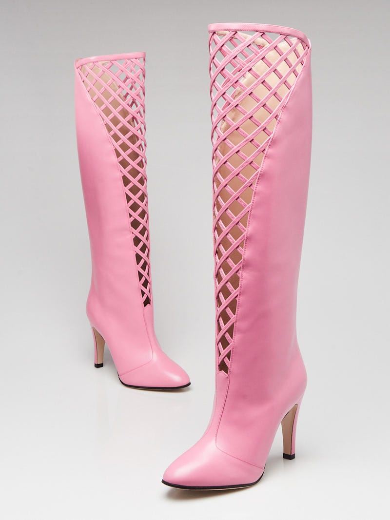 Gucci Pink Leather Lattice Knee-High Boots