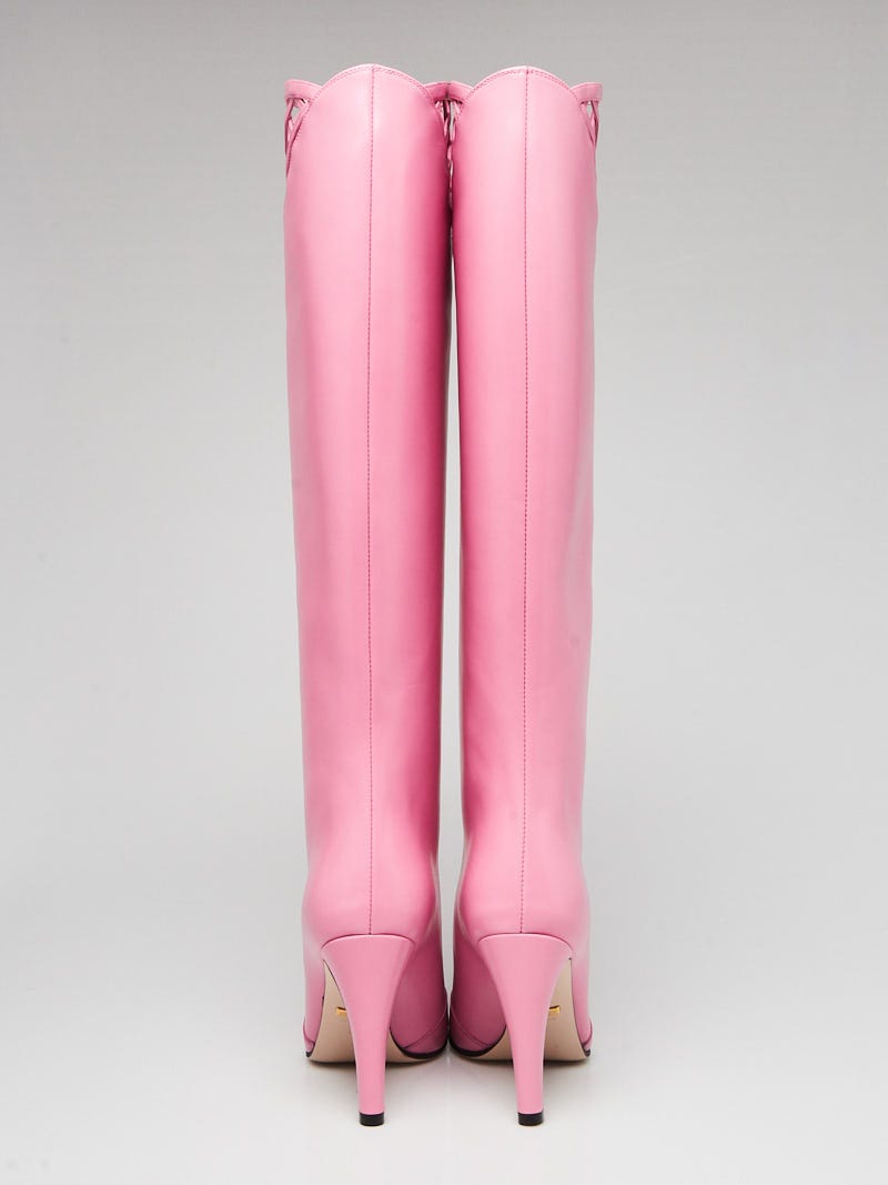 Gucci Pink Leather Lattice Knee-High Boots