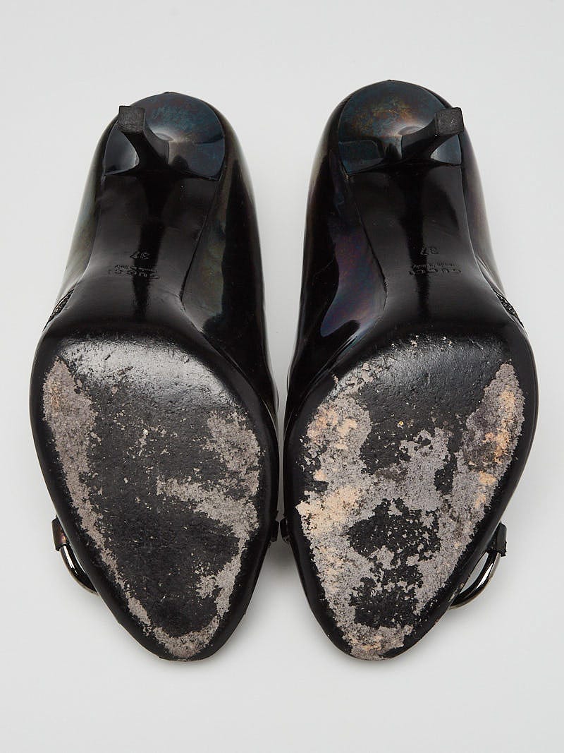 GUCCIエターニティ Gucci Black Iridescent Patent Leather Horsebit Peep Toe