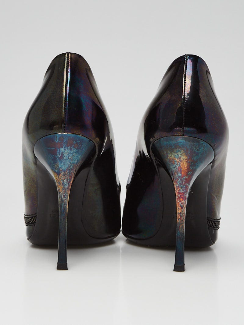 GUCCIエターニティ Gucci Black Iridescent Patent Leather Horsebit Peep Toe