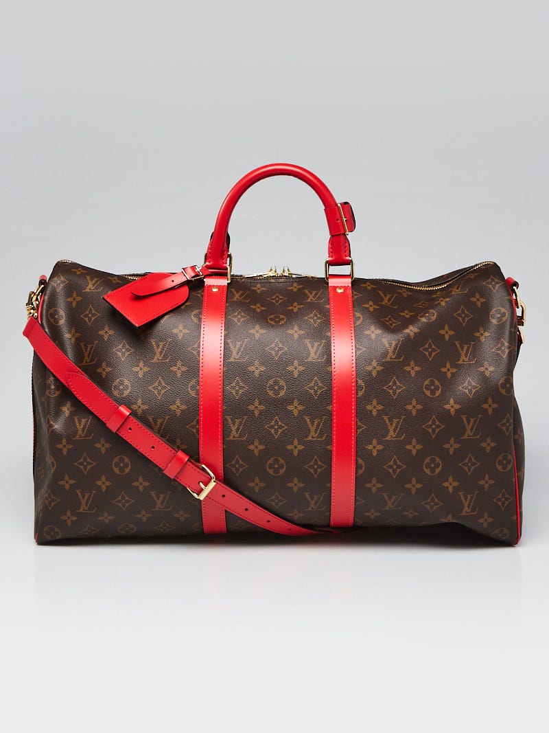 Louis Vuitton Keepall Bandouliere Bag Monogram Canvas with Coquelicot Leather Trim 50 Brown