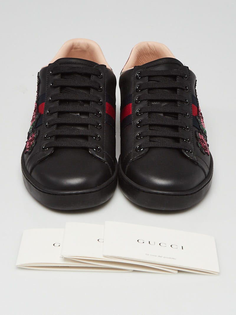 Gucci Ken Scott Ace Sneakers Black Floral Print Leather Size 38