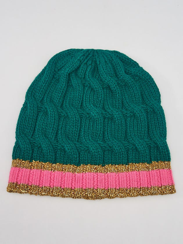 Gucci Green/Pink Wool Cable Knit Beanie Hat Size M