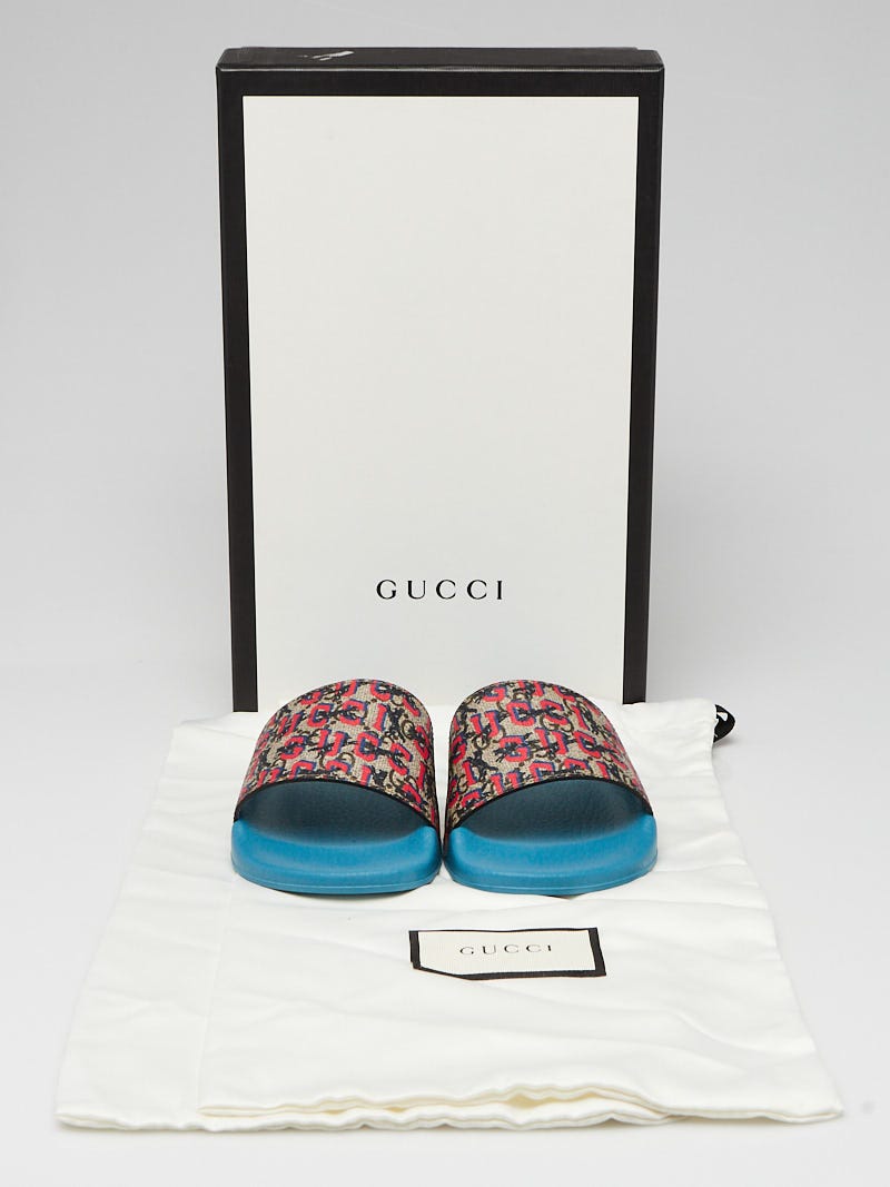 Gucci Beige Coated Canvas GG Supreme Angry Cat Slide Sandals Size 45 Gucci