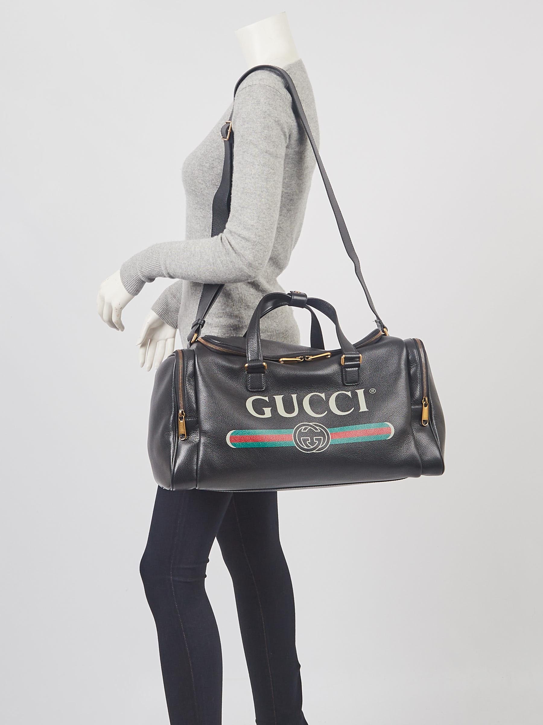 Gucci Black Pebbled Leather Vintage Print Duffle Bag