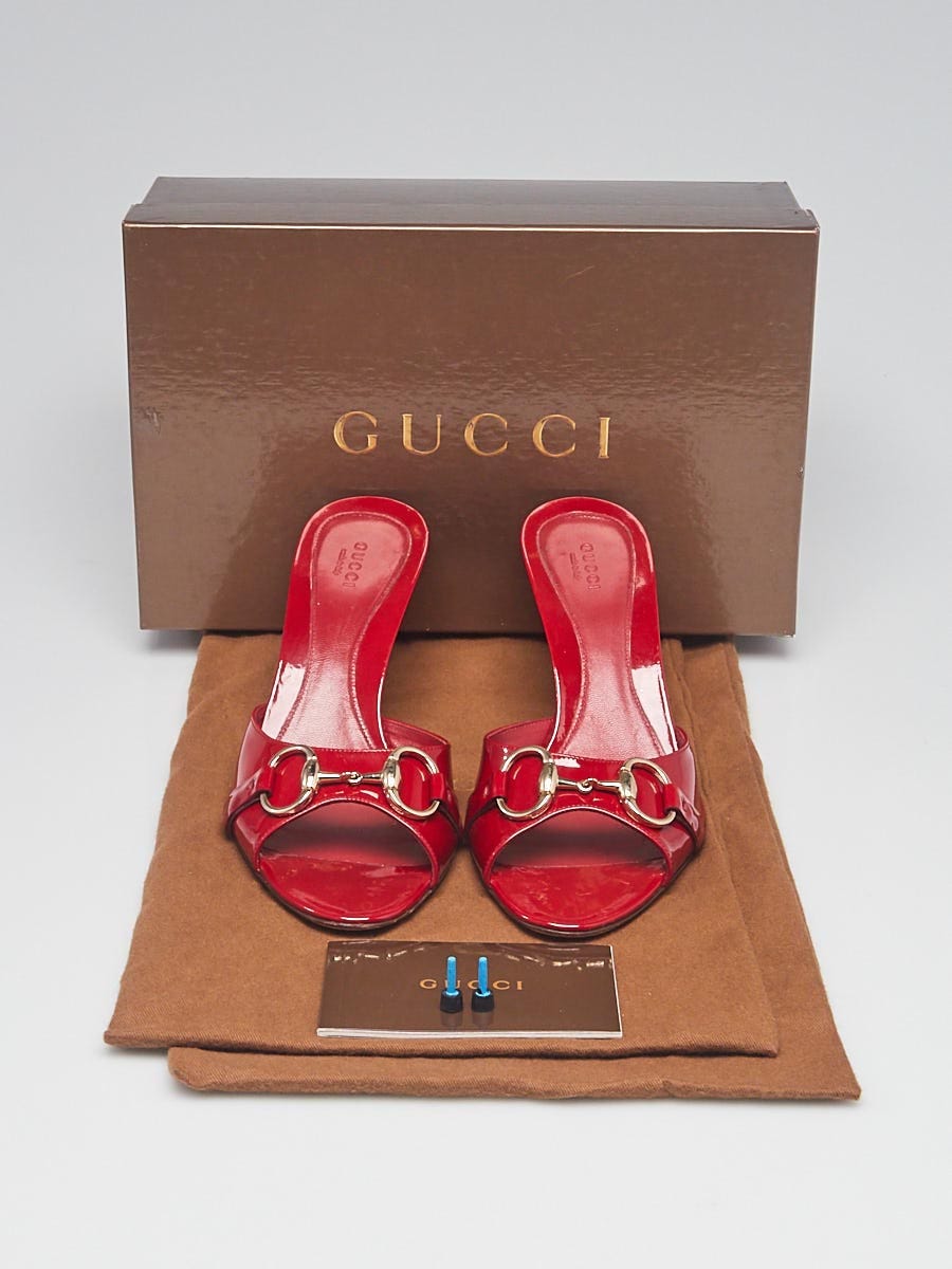 Gucci Red Patent Leather Horsebit Open Toe Mule Sandals Size