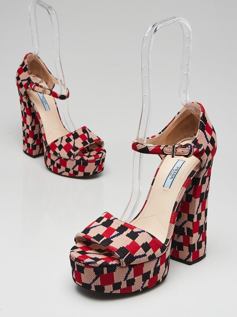 Prada Red Pink Checkered Fabric Platform Sandals Size 8.5 39 Yoogi s Closet