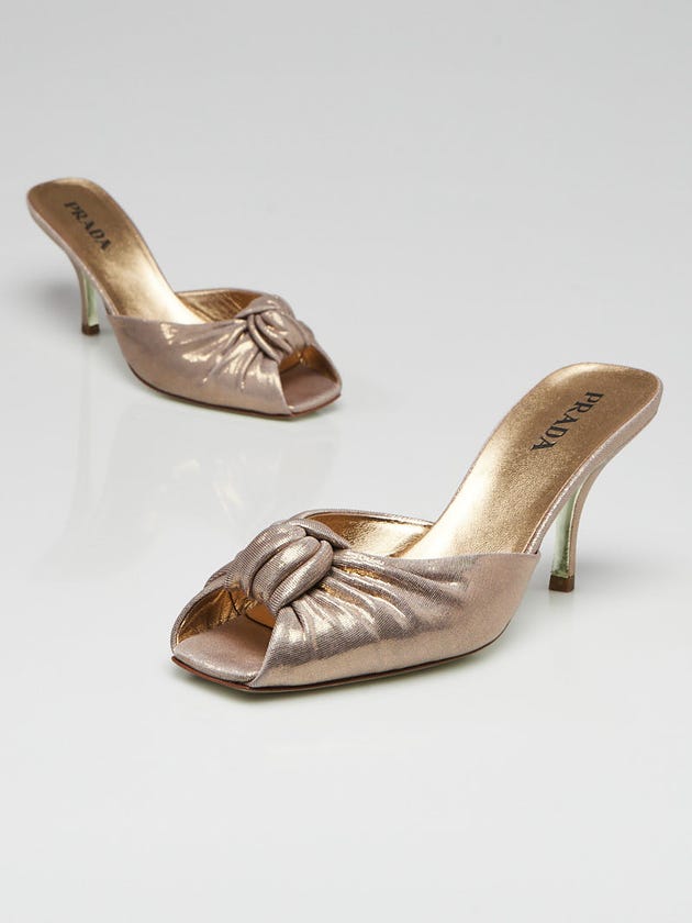 Prada Metallic Gold Jersey Fabric Knotted Peep Toe Mule Kitten Heel Pumps Size 5.5/36