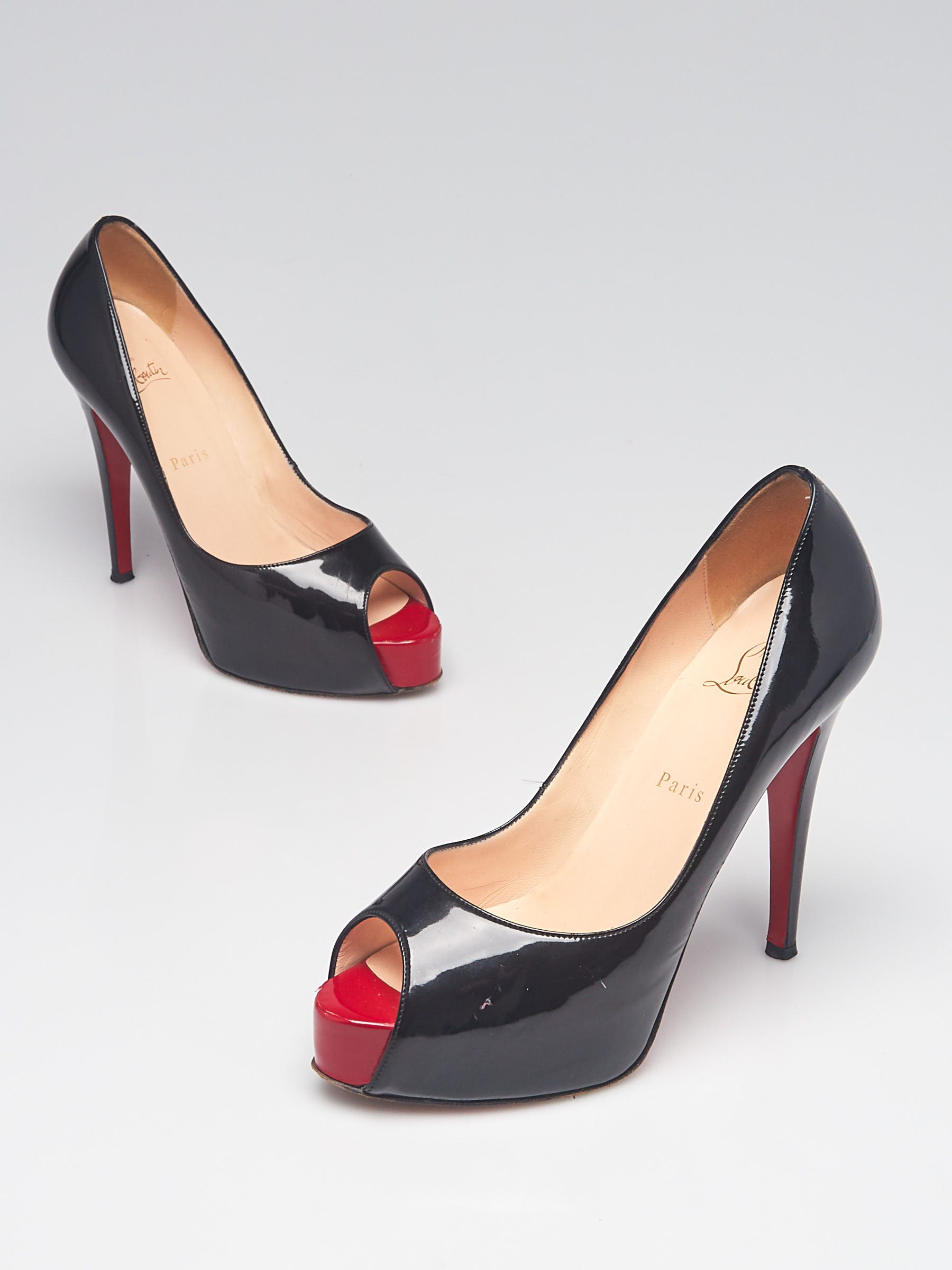 Christian Louboutin Pumps Prive Black Peep Toe Patent Leather Shoes 38.5  Heels