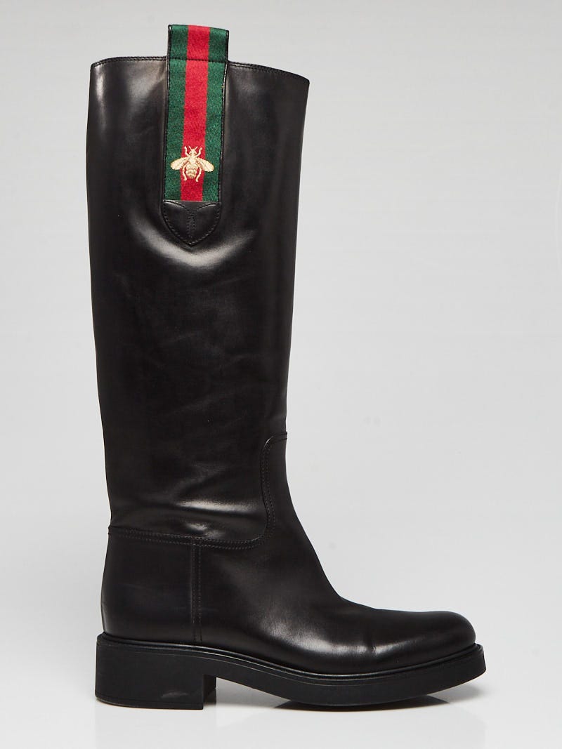 Gucci Black Leather Vintage Web Bee Knee-High Riding Boots Size