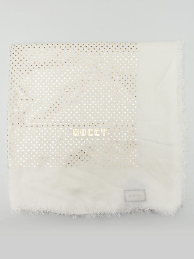 Gucci White/Gold Cashmere Blend Star Print GUCCY Shawl Scarf