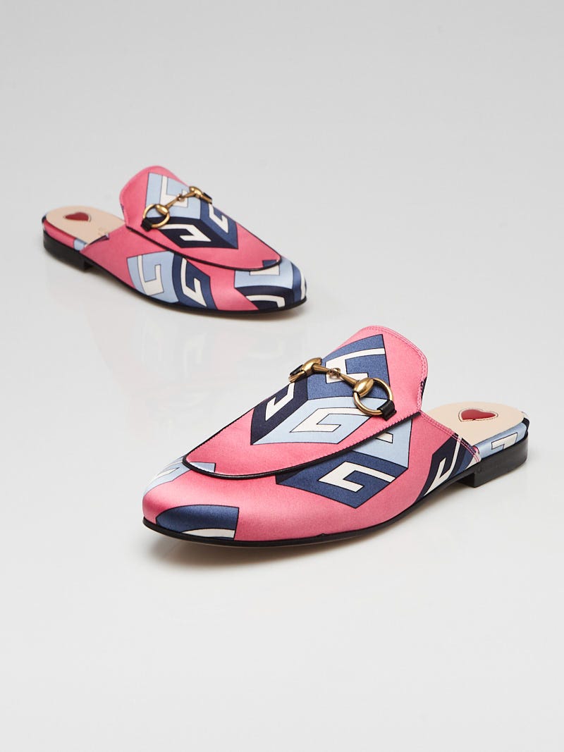 Gucci Pink/Blue G Printed Satin Princetown Mule Flats Size 4.5/35