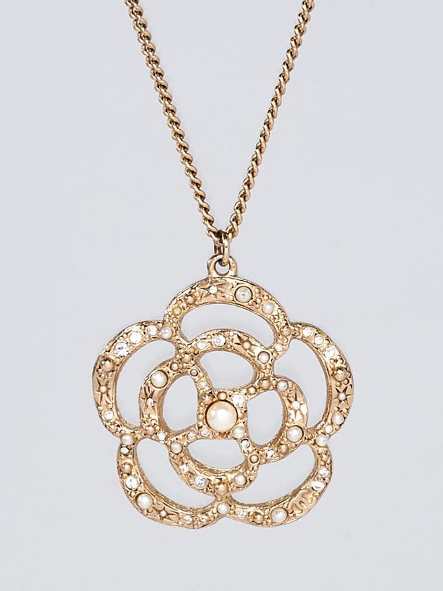 Chanel Gold Metal and Faux Pearl Camellia Pendant Necklace