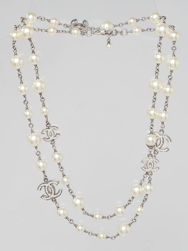 Chanel Glass Pearl and Five Crystal CC Long Necklace