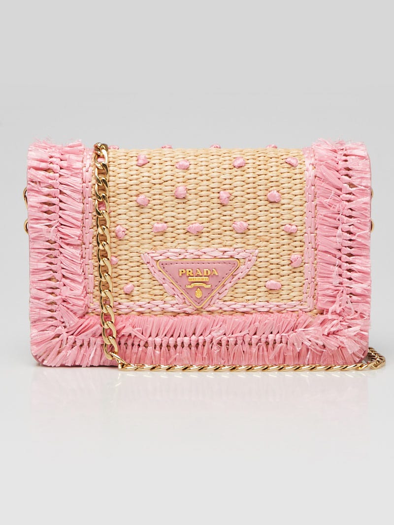 Prada Pink/Natural Woven Straw Wallet on Chain Crossbody Bag