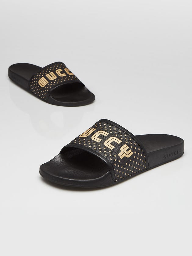 Gucci Black Coated Canvas and Rubber GUCCY Pool Slides Size 10.5/41