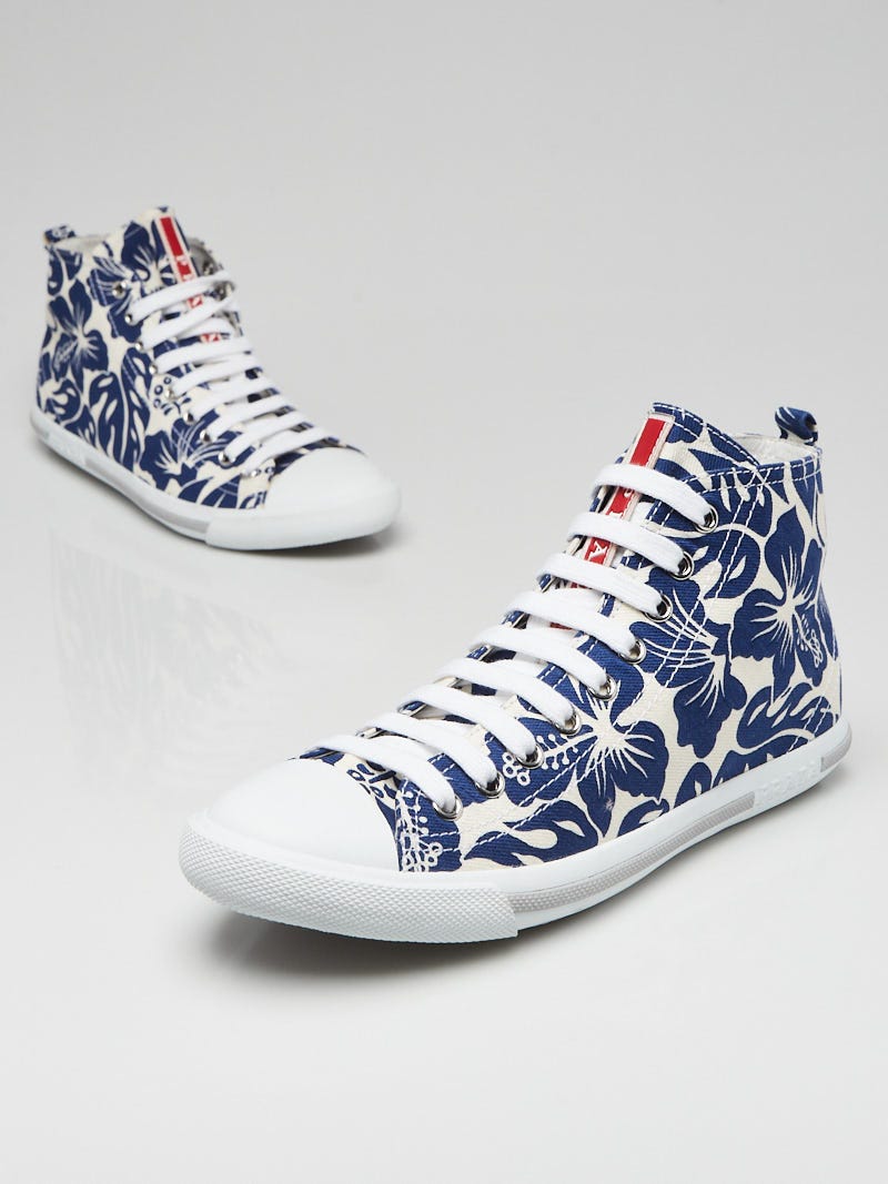 Prada White/Blue Floral Printed Canvas High Top Sneakers Size 8/ -  Yoogi's Closet