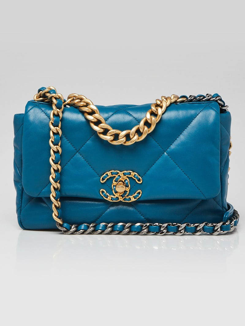 Chanel Turquoise Quilted Goatskin Leather Chanel 19 Small Flap Bag