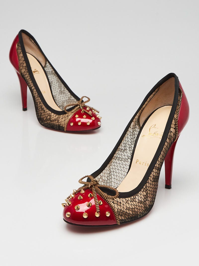 Christian Louboutin Red Patent Leather and Black Lace Candy Studded 100  Pumps Size 10.5/41 - Yoogi's Closet
