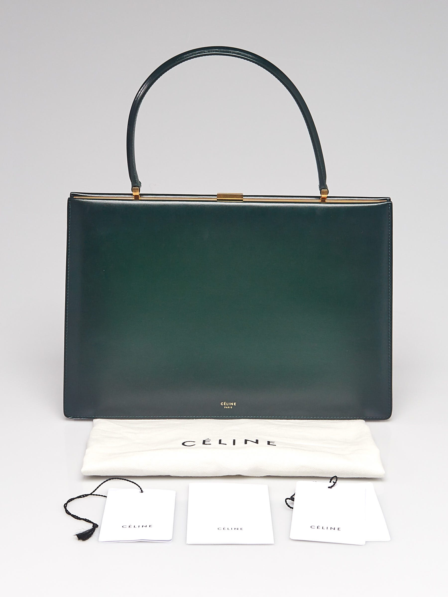 Celine Dark Green Box Calfskin Leather Medium Clasp Bag Yoogi s